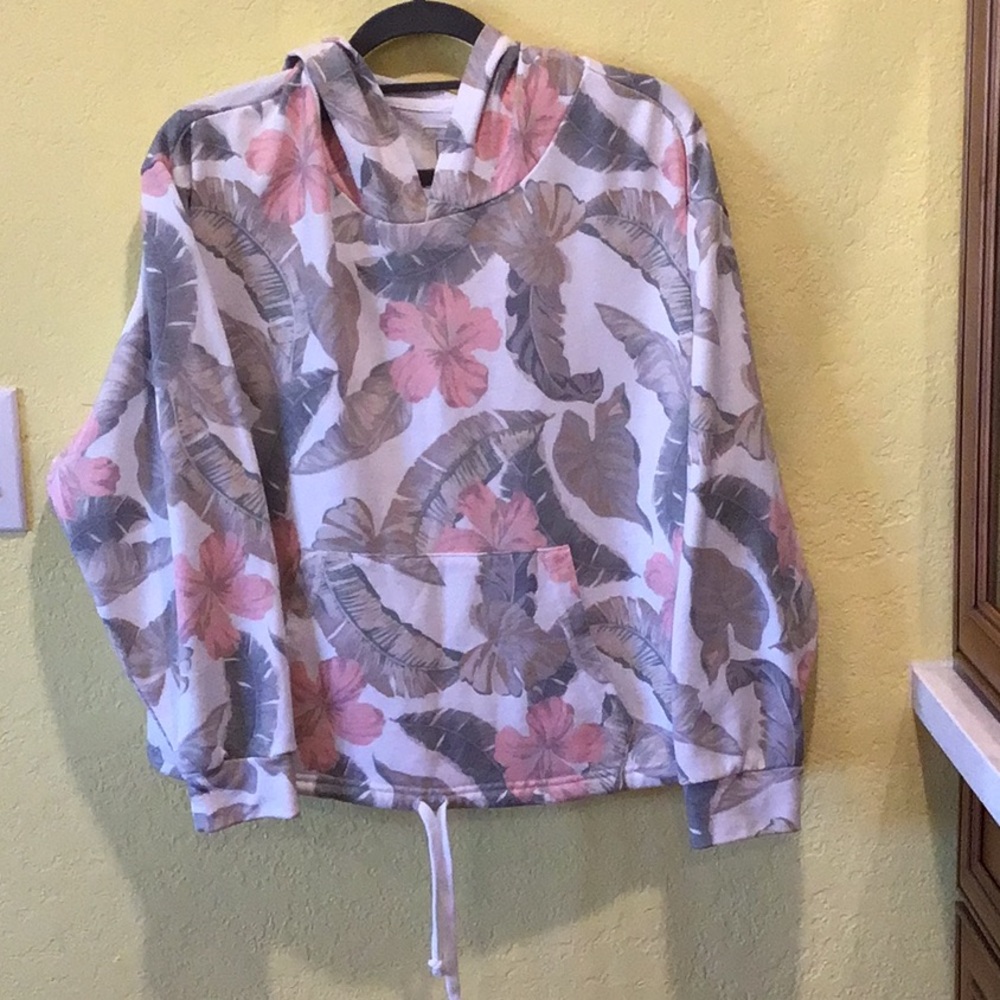 Rip Curl L Hawaiian crop hoodie drawstring bottom hibiscus print pastel